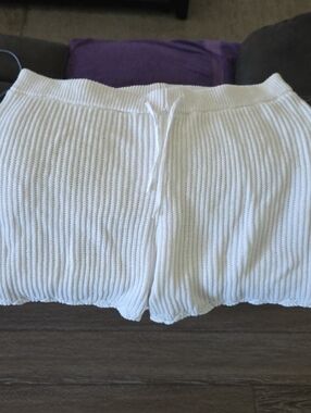 White Ribbed Knit Women’s Sweater Shorts - Casual Drawstring